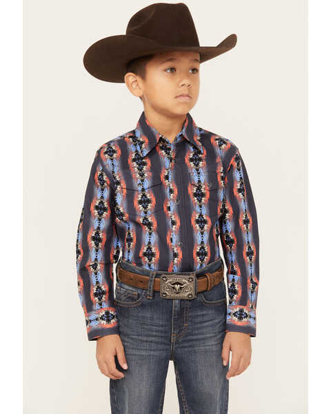 Wrangler Boys' Southwestern Print Long Sleeve Western Snap Shirt, Navy, hi-res