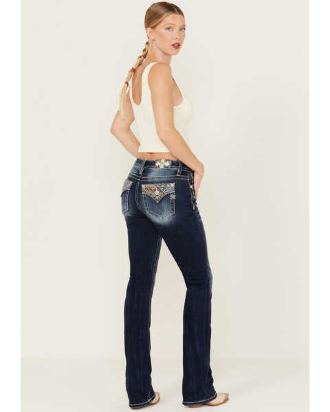 Image #1 - Miss Me Women's Dark Wash Mid Rise Paisley Pocket Stretch Bootcut Jeans , Dark Wash, hi-res