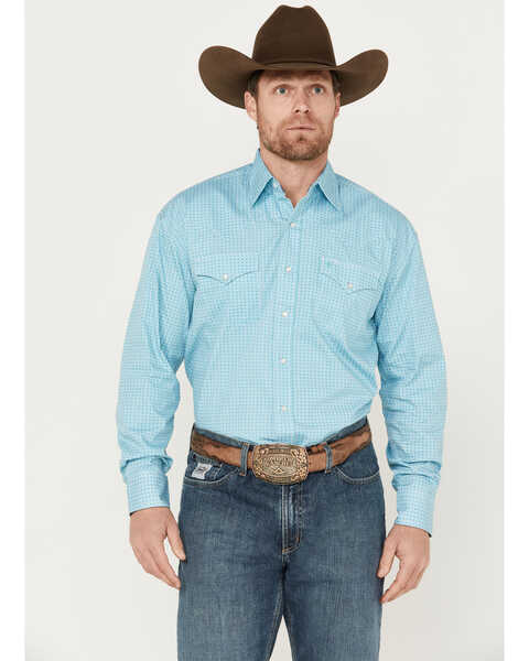 Stetson Men's Diamond Geo Print Long Sleeve Pearl Snap Western Shirt, Turquoise, hi-res