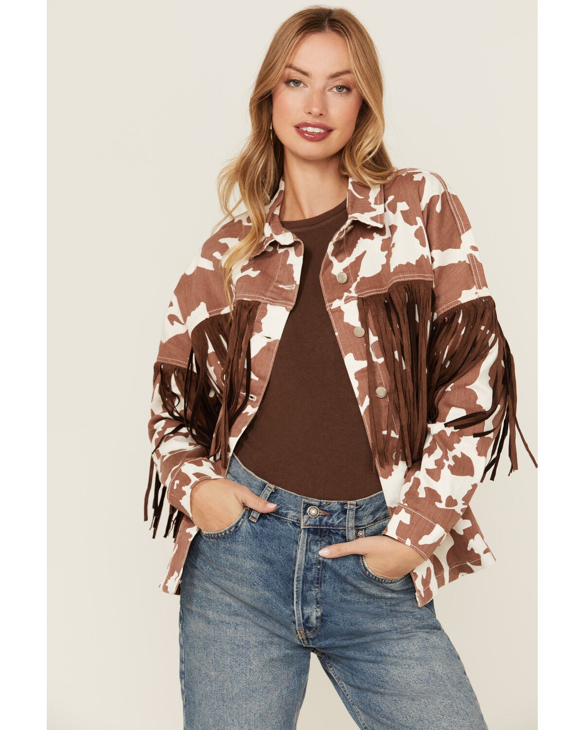 Saints & Hearts Women's Cow Print Tassel Jacket, Brown, hi-res