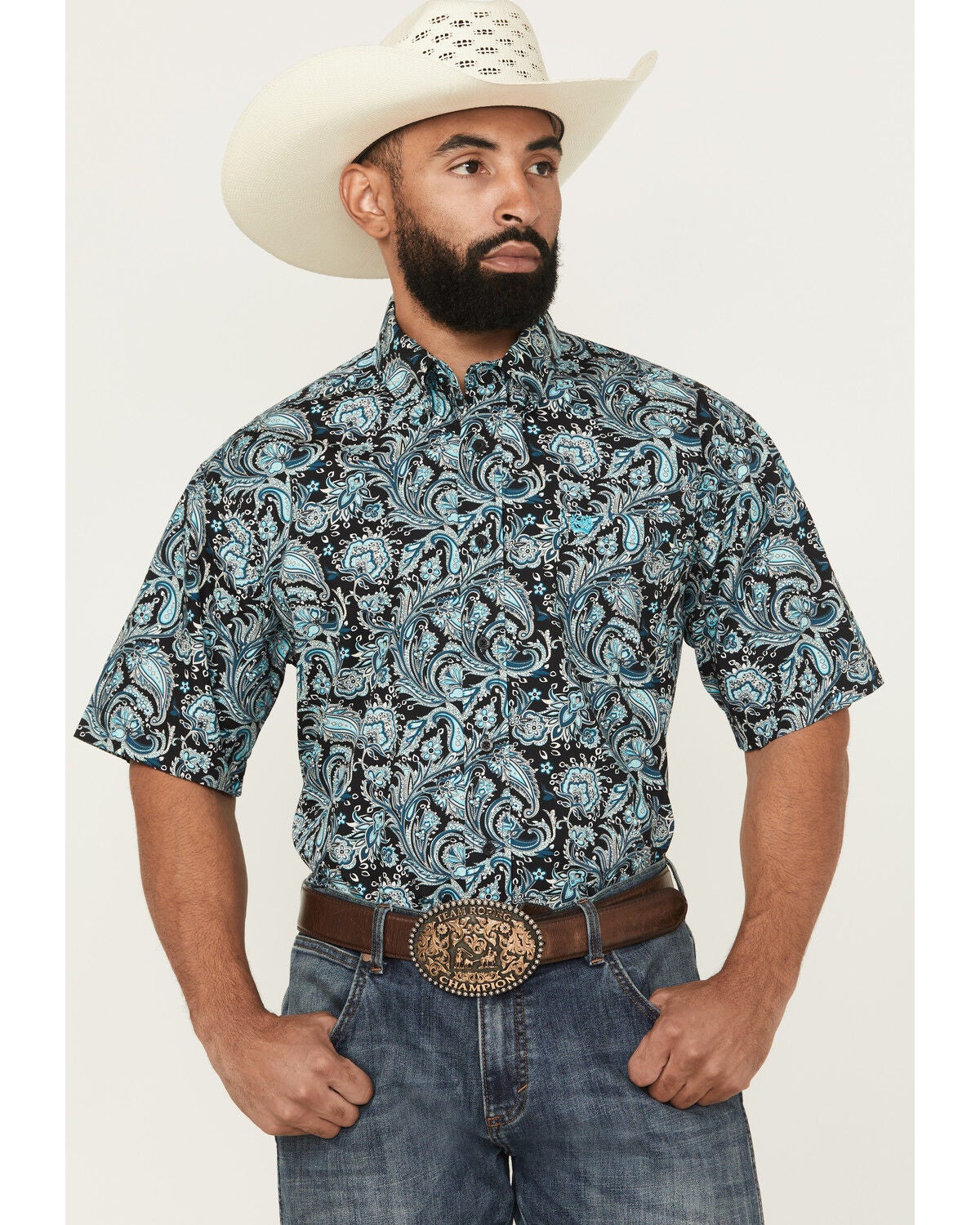 Cinch Men's Paisley Print Short Sleeve Button-Down Western Shirt, Black, hi-res