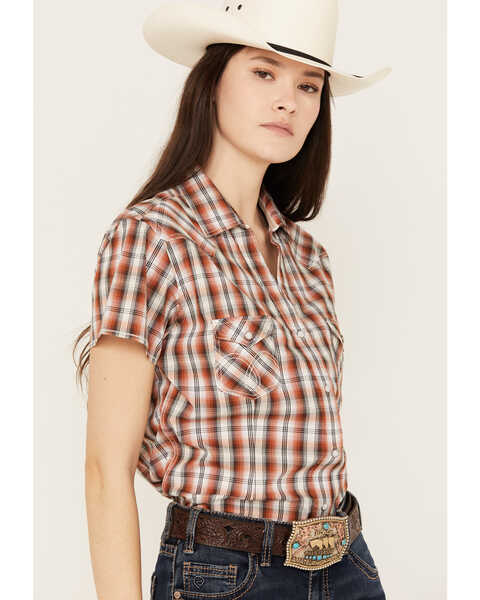 Image #2 - Rough Stock by Panhandle Women's Plaid Print Stretch Short Sleeve Western Snap Shirt, Rust Copper, hi-res