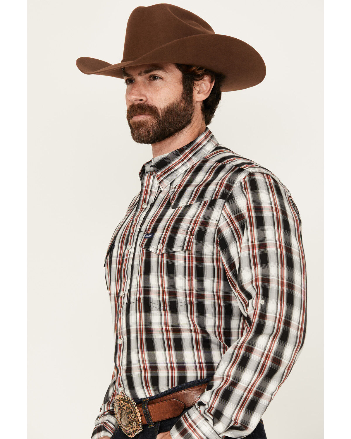 Image #2 - Wrangler Men's Plaid Print Long Sleeve Snap Performance Western Shirt, Black, hi-res