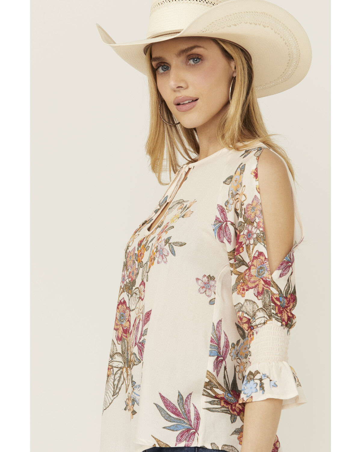 Image #2 - Wild Moss Women's Floral Print Cold Shoulder Top, Cream, hi-res