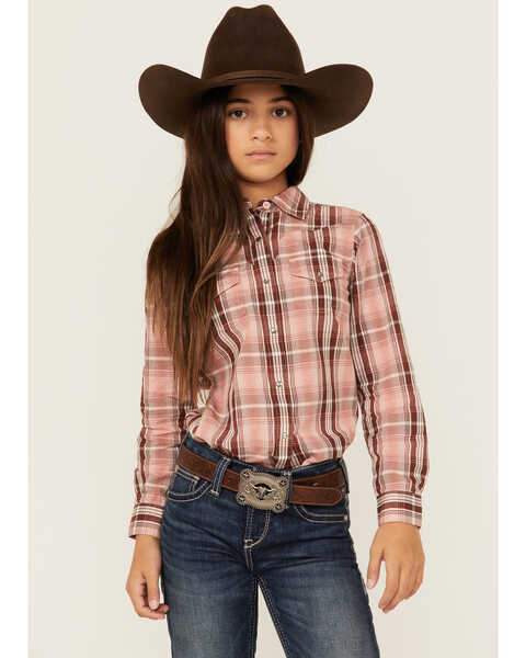 Image #1 - Ariat Girls' Saguaro Plaid Print Long Sleeve Snap Western Shirt, Brown/pink, hi-res