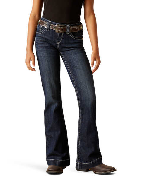 Image #1 - Ariat Girls' Dark Wash Tyra Trouser Stretch Denim Jeans , Blue, hi-res