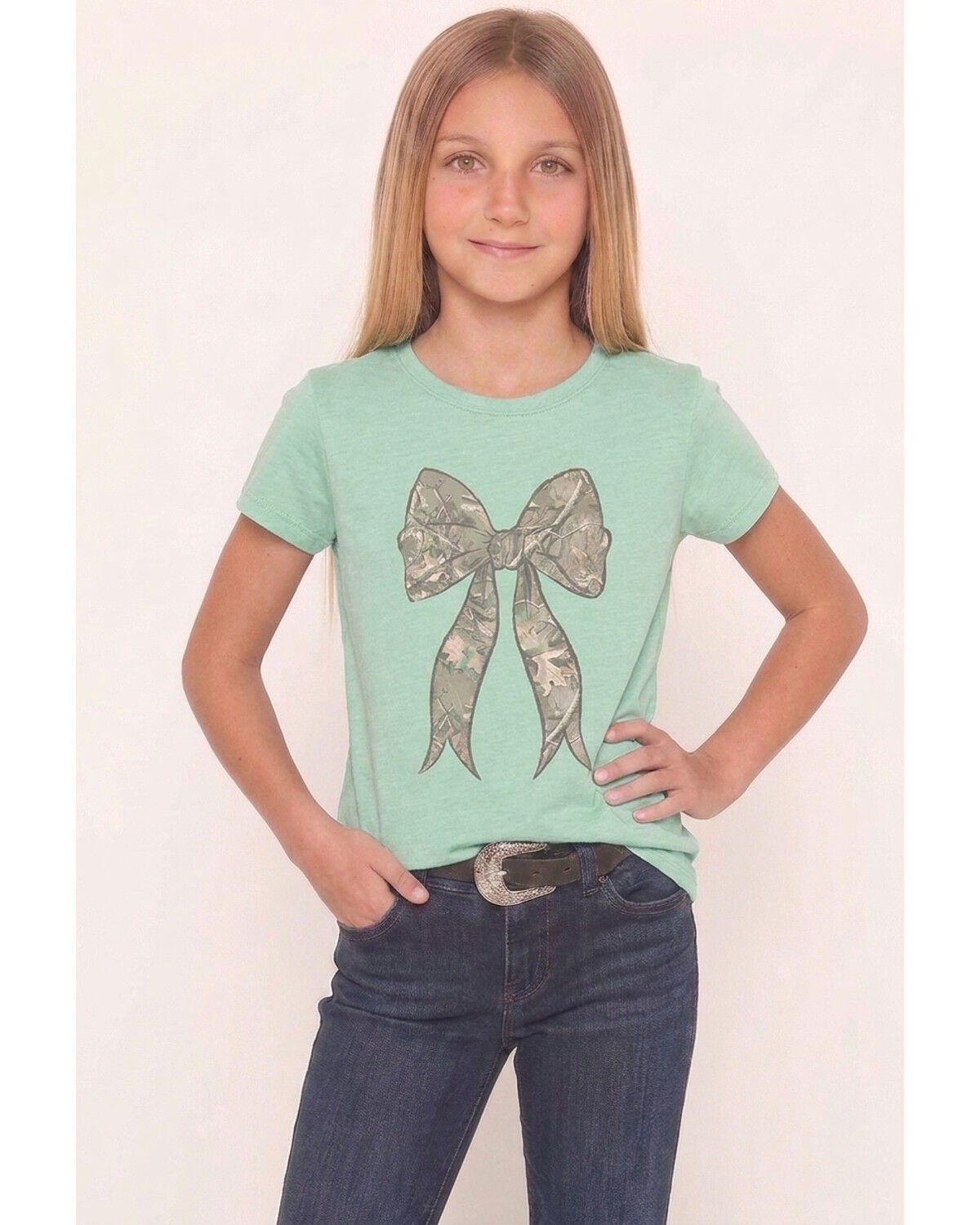 Image #1 - Americana Girls' Camo Bow Short Sleeve Graphic Tee, Mint, hi-res