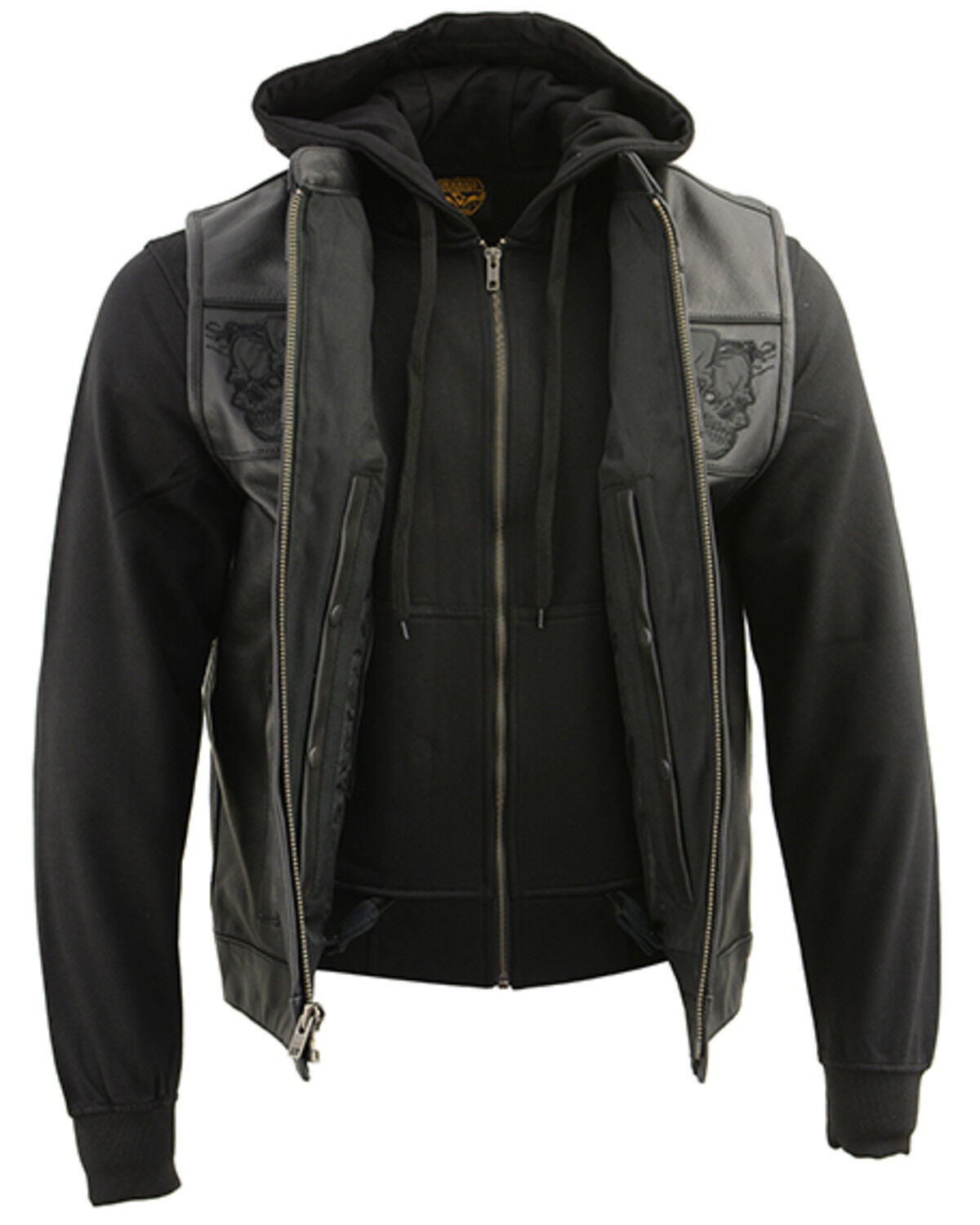 Image #2 - Milwaukee Leather Men's Leather Concealed Carry Vest with Reflective Skulls and Removeable Hoodie - 5X, Black, hi-res
