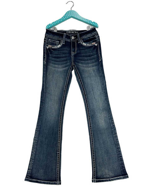 Image #2 - Grace in LA Girls' Dark Wash Southwestern Pocket Bootcut Jeans, Medium Wash, hi-res