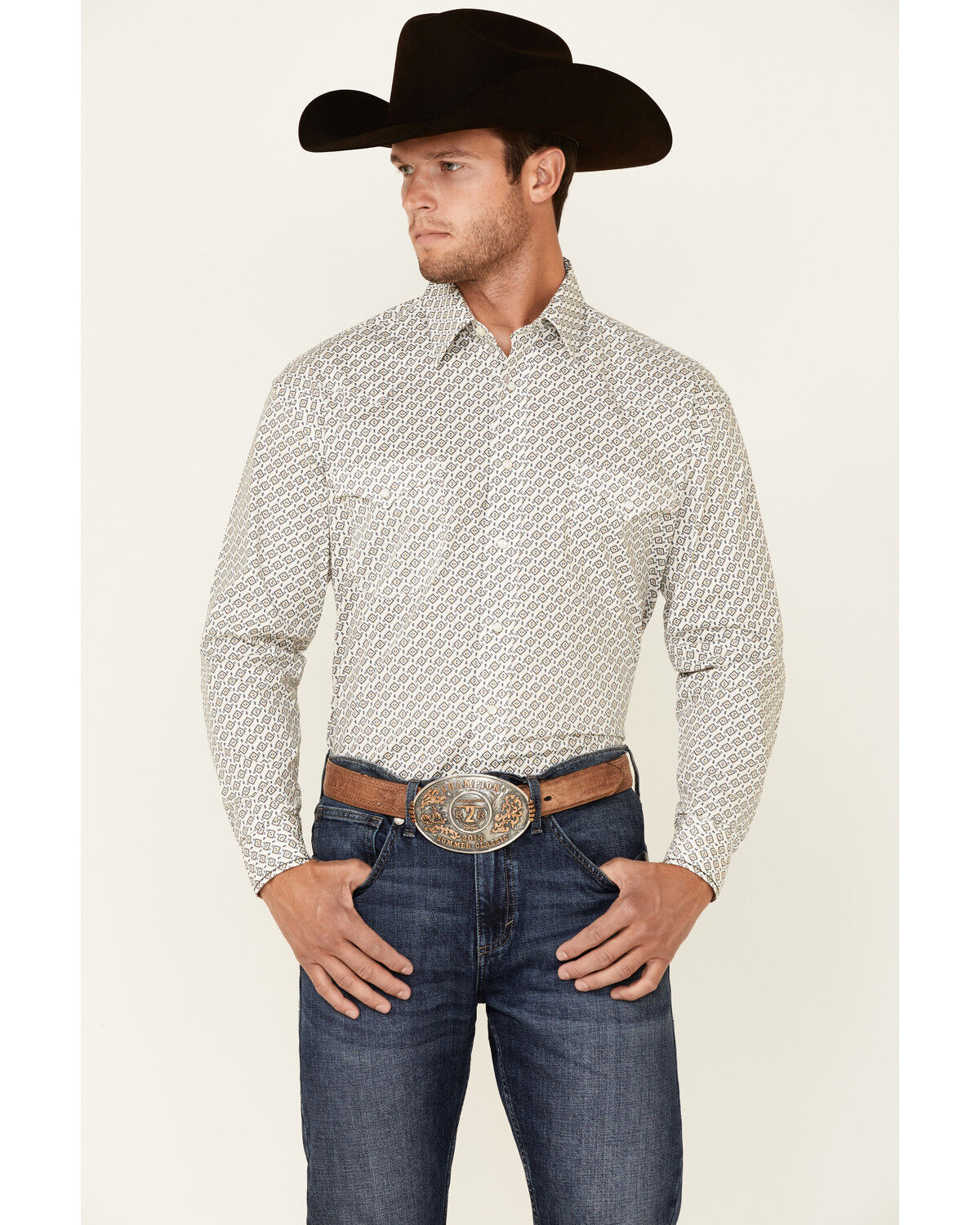 Image #1 - Rough Stock By Panhandle Men's Sand Southwestern Geo Print Long Sleeve Snap Western Shirt, Sand, hi-res