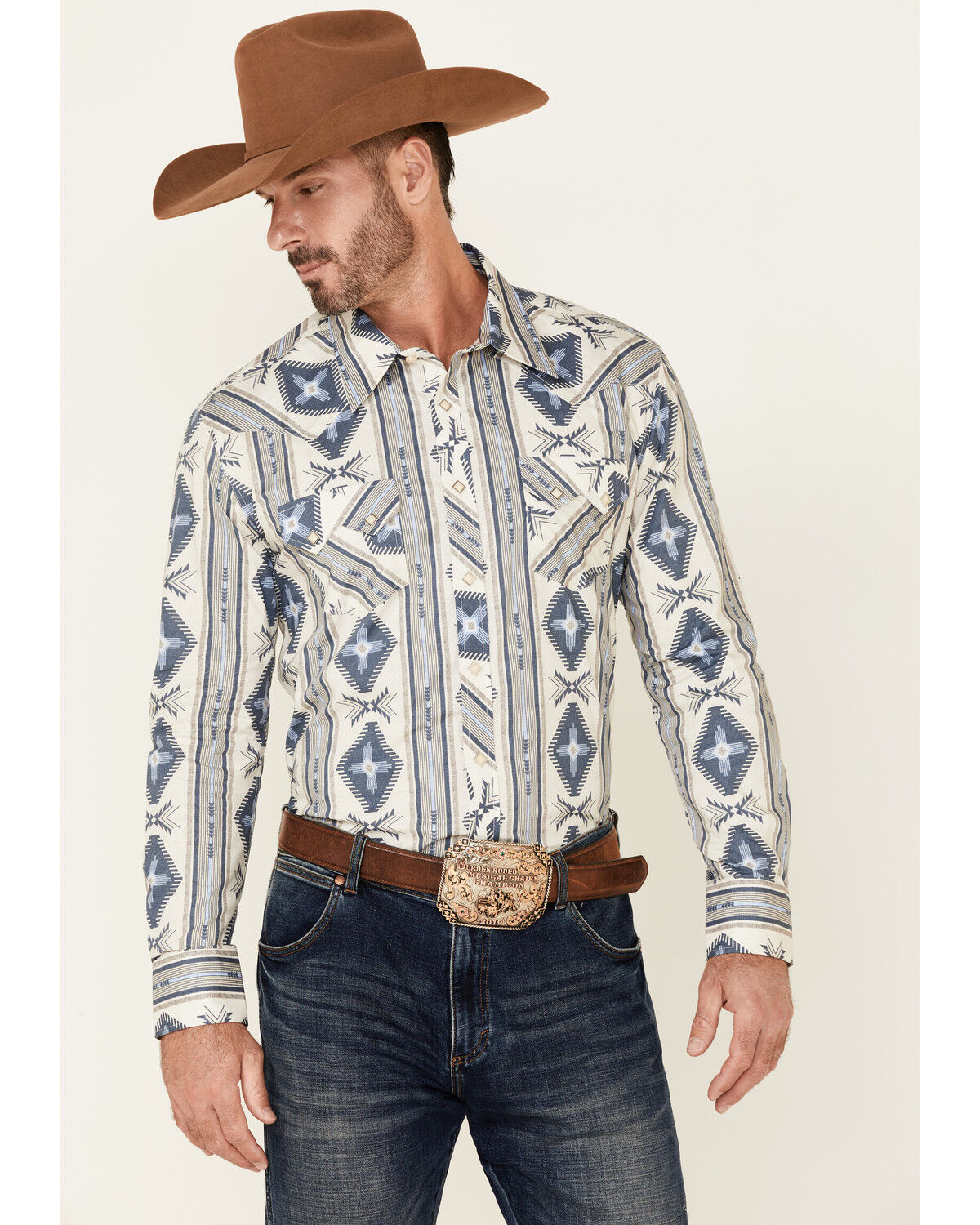 Image #1 - Rock & Roll Denim Men's Navy Southwestern Print Long Sleeve Snap Western Shirt, , hi-res