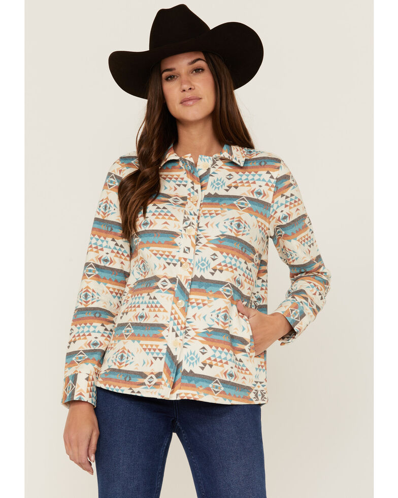Rank45 Women's Quilted Multicolored Southwestern Shacket, Ivory, hi-res