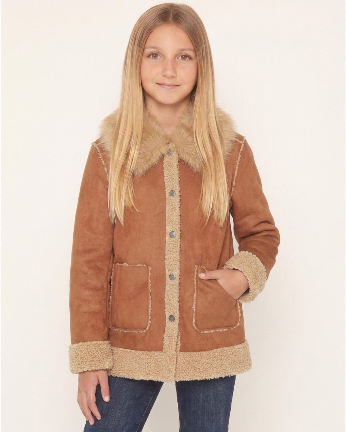 Shyanne Girls' Highland Reversible Faux Suede Sherpa Jacket, Rose, hi-res