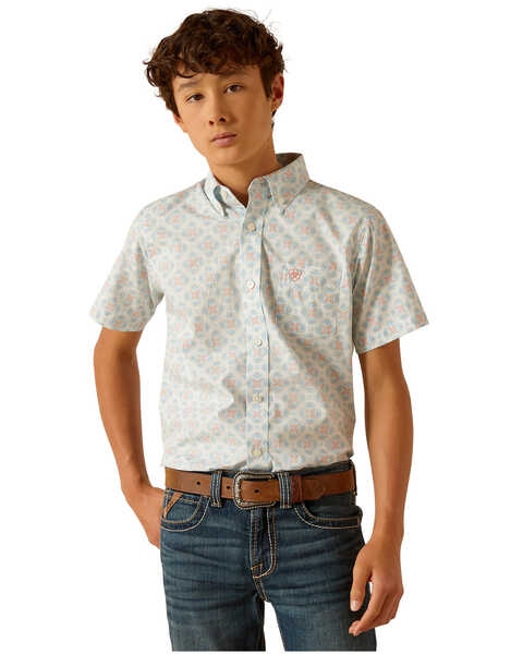 Image #1 - Ariat Boys' Kai Short Sleeve Button-Down Western Shirt , Aqua, hi-res