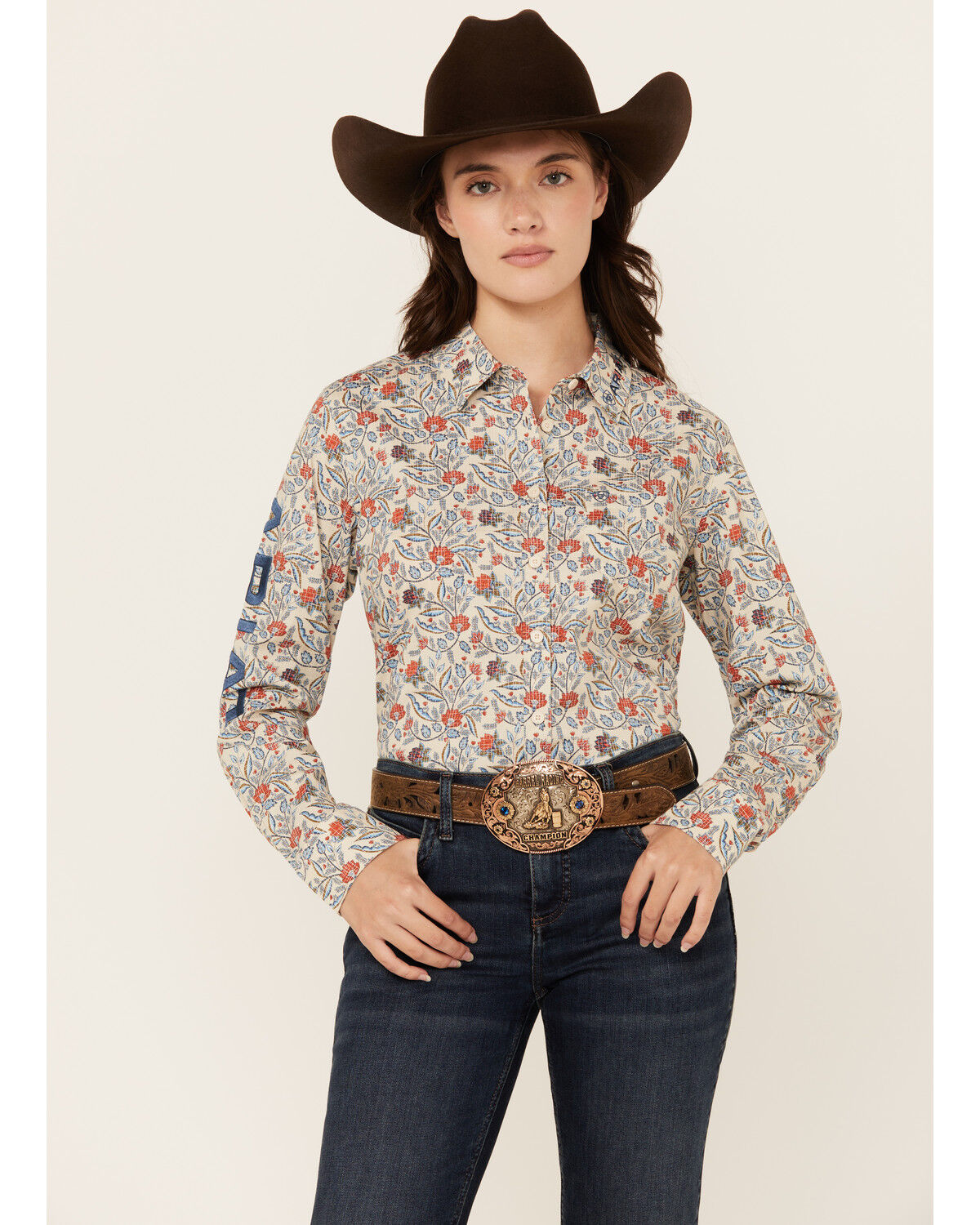 Image #1 - Ariat Women's Boot Barn Exclusive Team Kirby Floral Print Long Sleeve Button-Down Western Shirt, Beige, hi-res