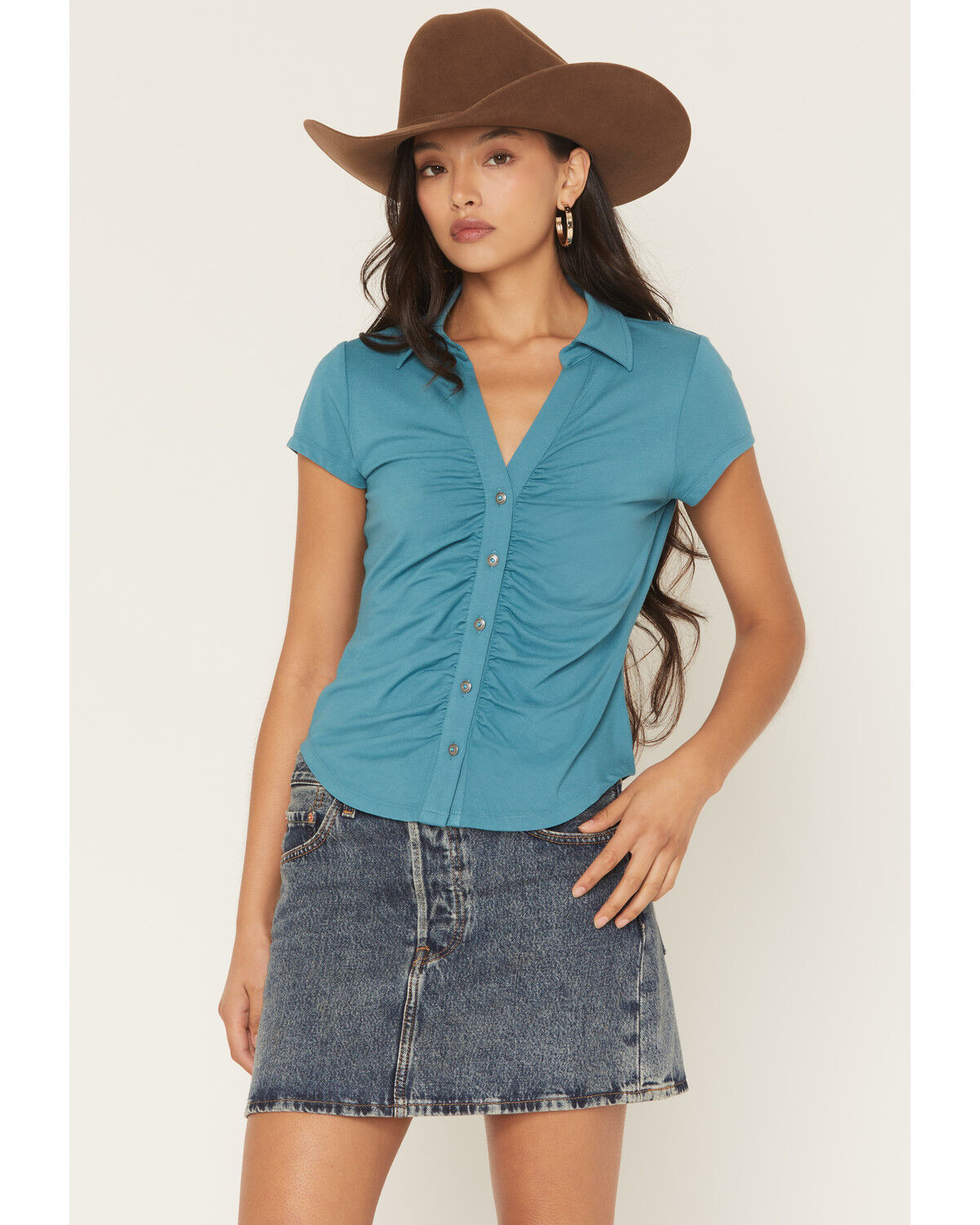 Image #1 - Shyanne Women's Ruched Short Sleeve Button-Down Shirt, Turquoise, hi-res