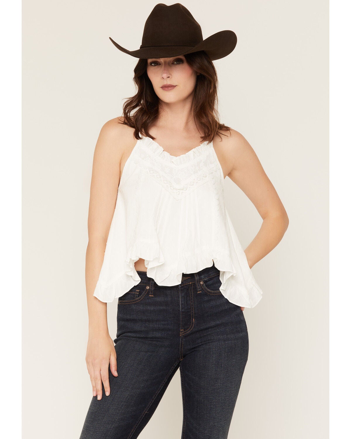 Image #1 - Miss Me Women's Pleated Lace Solid Tank Top, White, hi-res
