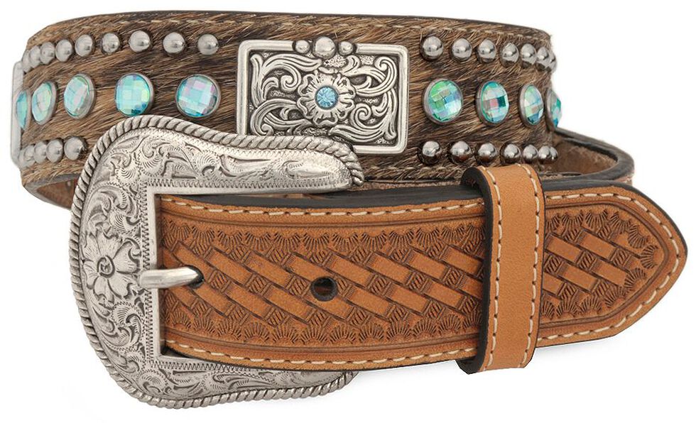 Nocona Kids' Hair-On-Hide Rhinestone & Concho Belt, Tan, hi-res