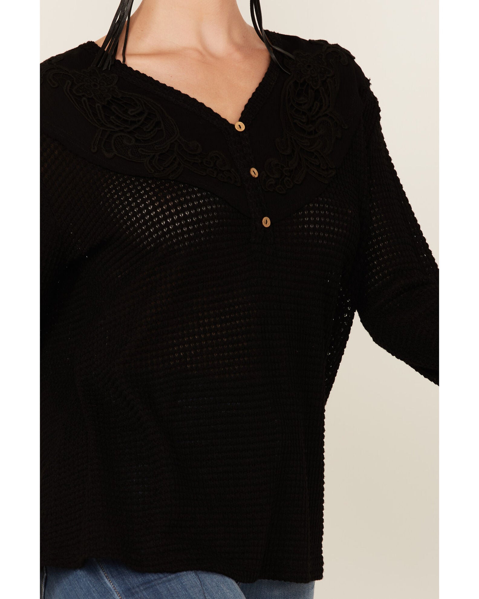 Miss Me Women's Crochet Yoke Bell Sleeve Top Sheplers