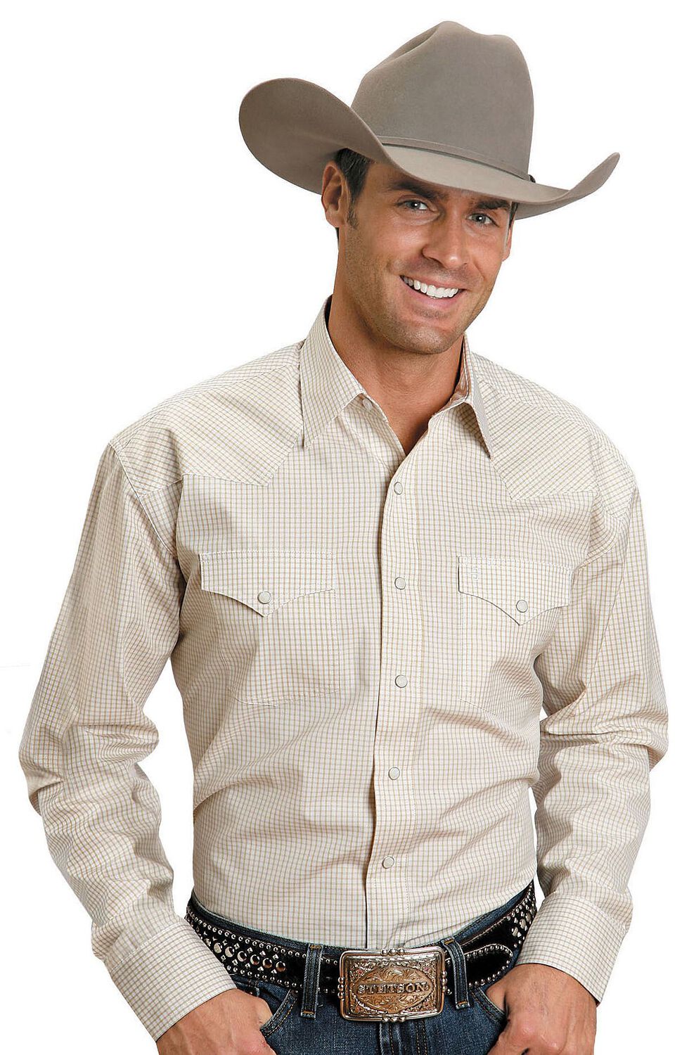 Image #1 - Stetson Snap Check Shirt, Yellow, hi-res