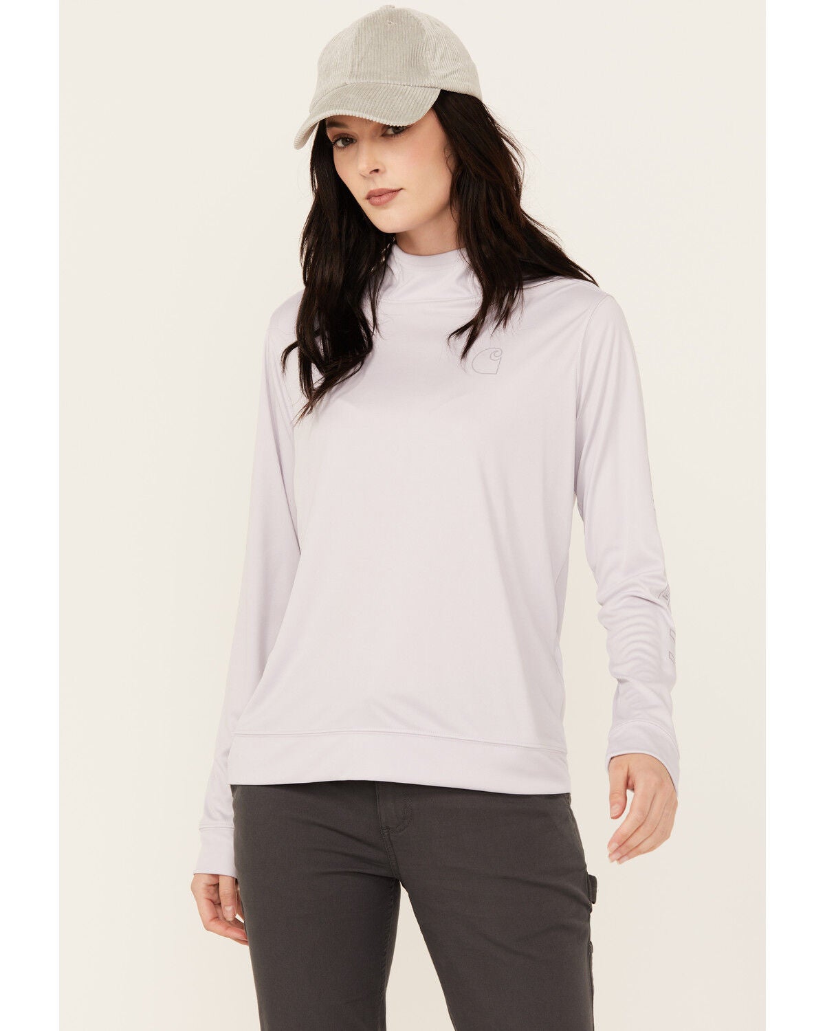 Carhartt Women's Force Sun Defender Relaxed Fit Lightweight Logo Hooded Graphic Long Sleeve, Light Purple, hi-res