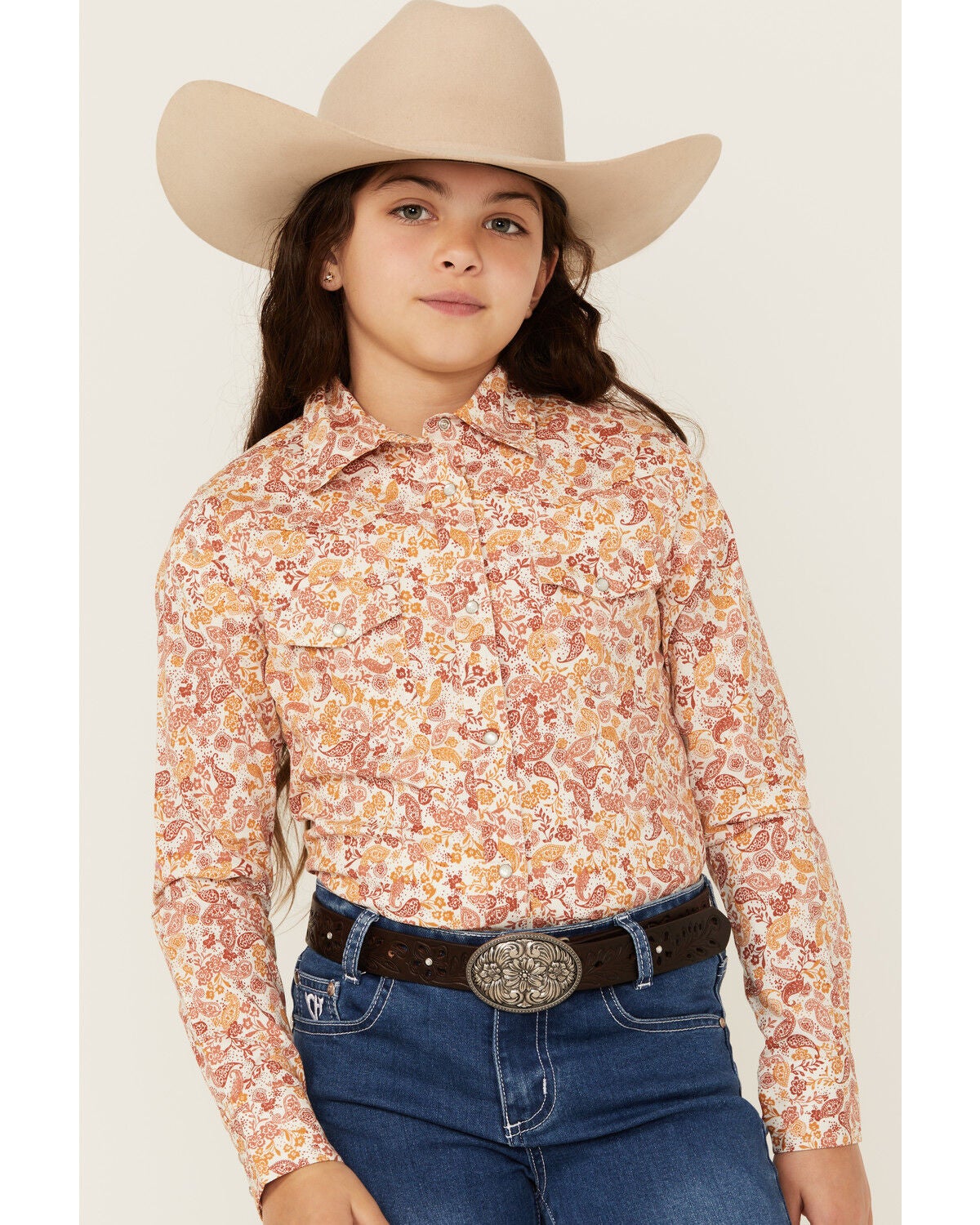 Shyanne Girls' Ash Floral Print Long Sleeve Pearl Snap Stretch Western Shirt, Gold, hi-res