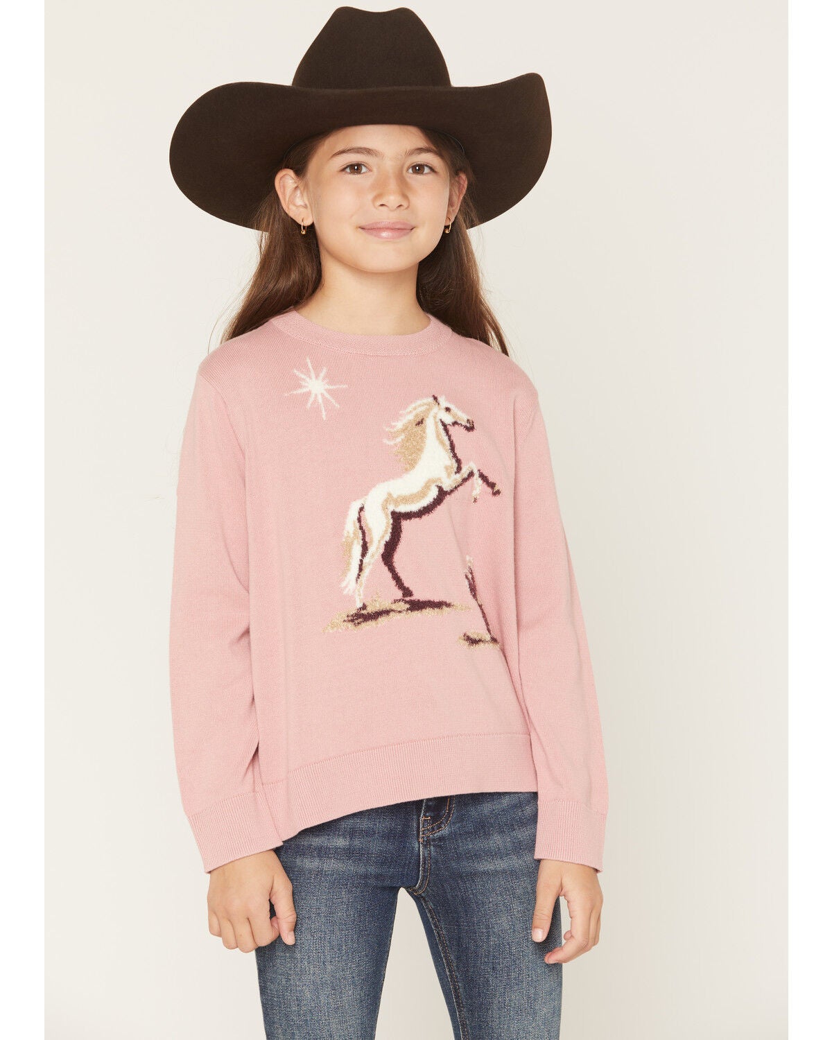 Shyanne Girls' Horse Pullover Knit Sweater, Mauve, hi-res