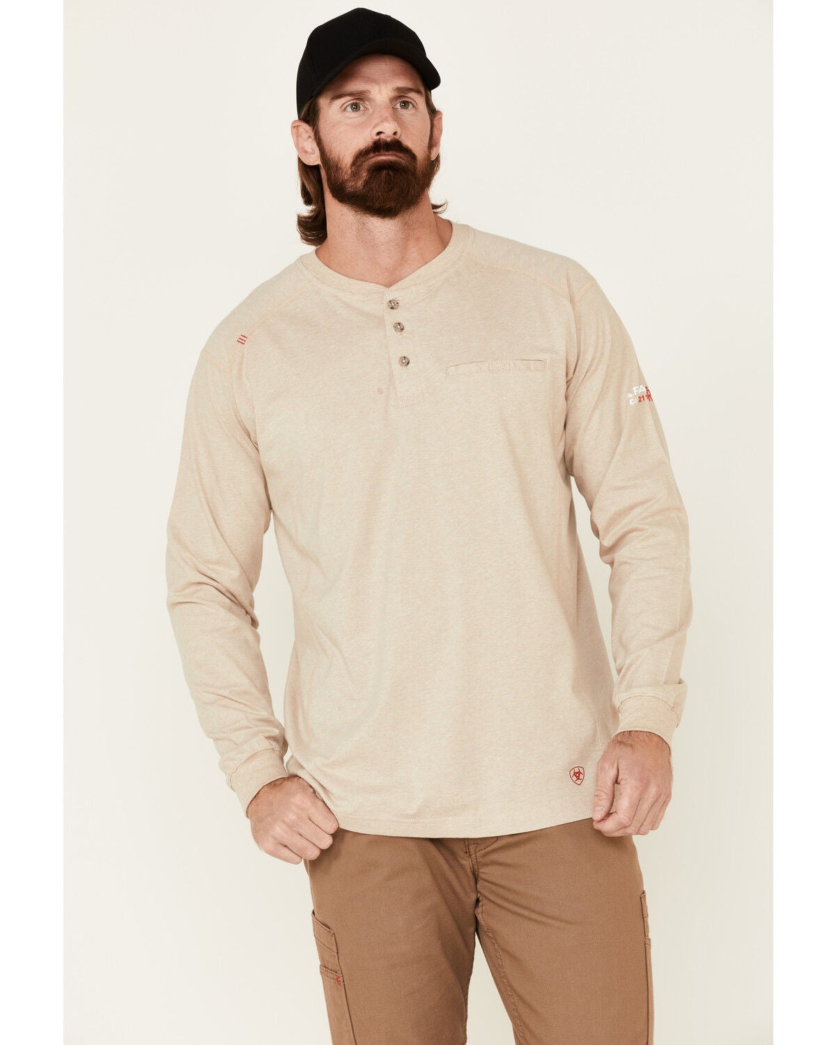 Ariat Men's FR Air Long Sleeve Work Long Sleeve Henley Shirt, Sand, hi-res