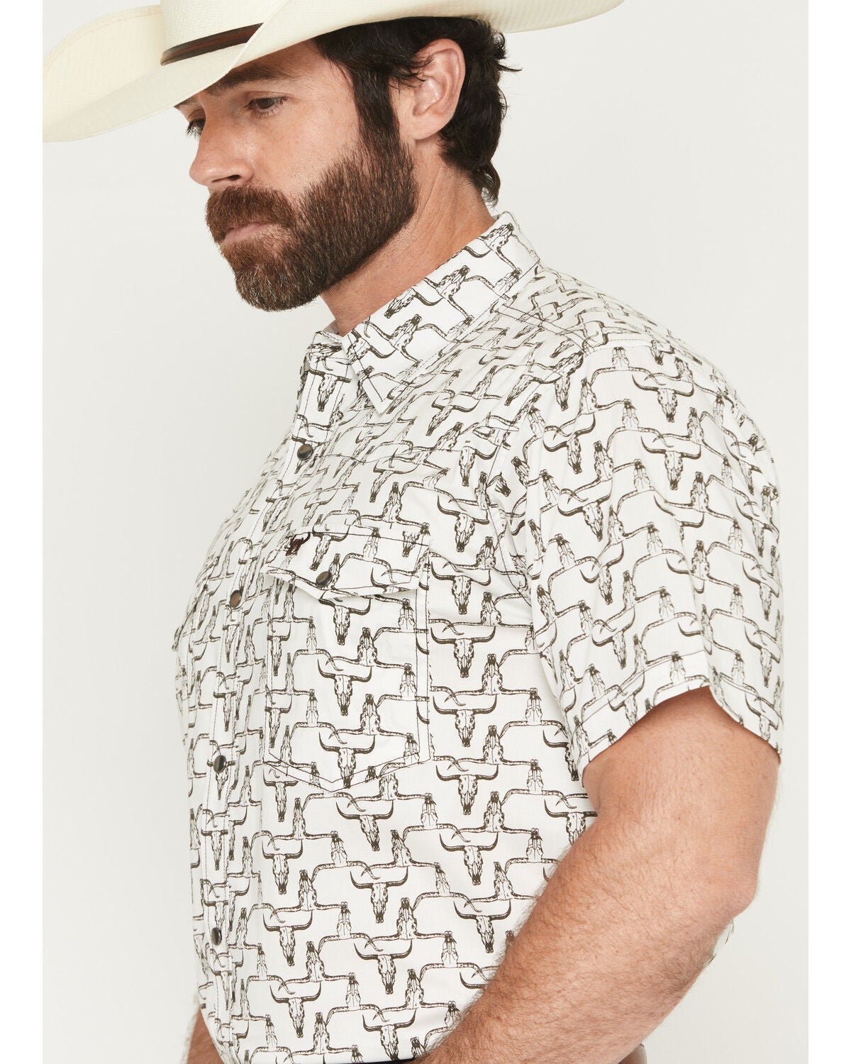Image #2 - Cowboy Hardware Men's Hombre Skull Print Short Sleeve Snap Stretch Western Shirt, White, hi-res
