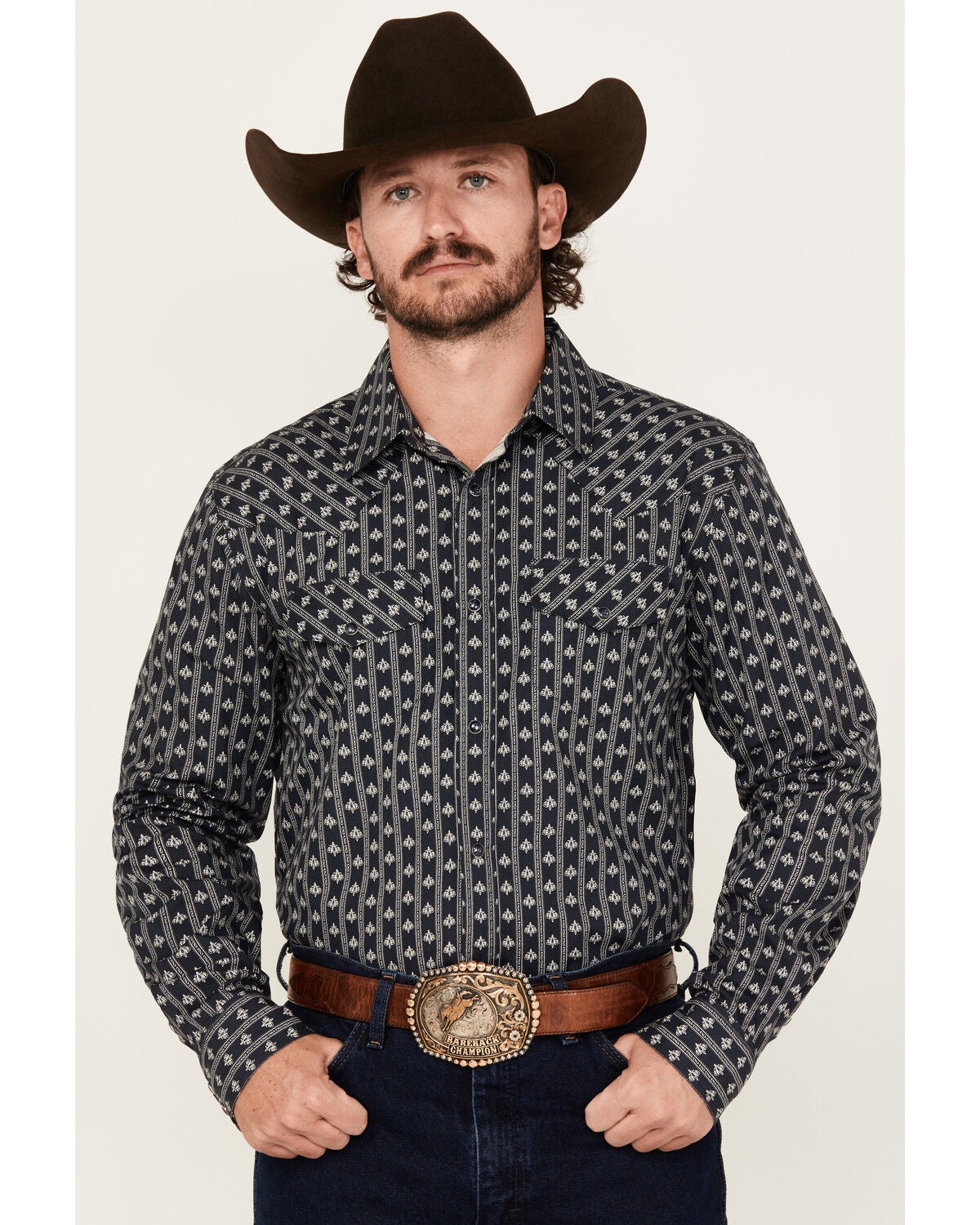 Gibson Trading Co Men's Icons Striped Long Sleeve Snap Western Shirt, Navy, hi-res