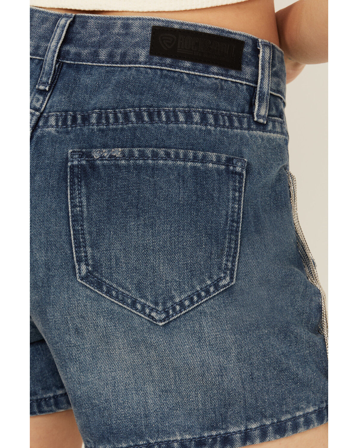 Image #4 - Rock & Roll Denim Women's Medium Wash High Rise Chain Fringe Denim Shorts, Medium Wash, hi-res