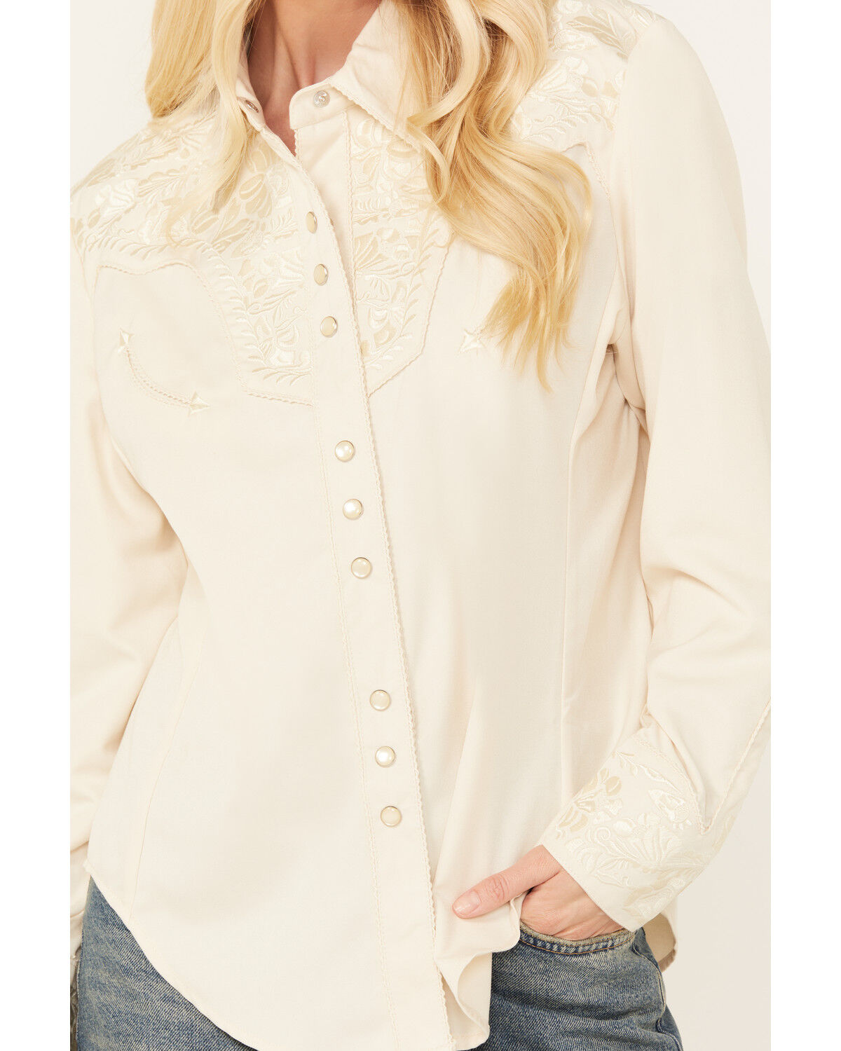 Image #3 - Scully Women's Floral Embroidered Long Sleeve Pearl Snap Western Shirt, Ivory, hi-res