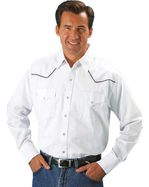 Ely Cattleman Men's Piped Yoke Long Sleeve Snap Western Shirt, White, hi-res