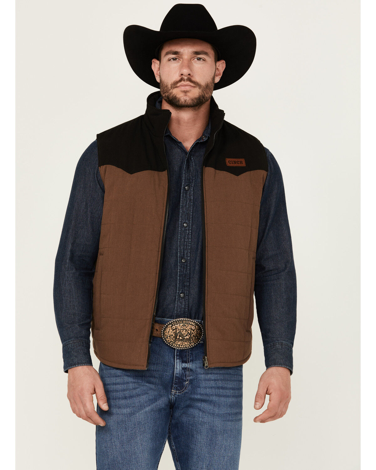 Image #1 - Cinch Men's Canvas Reversible Quilted Striped Zip Vest, Brown, hi-res