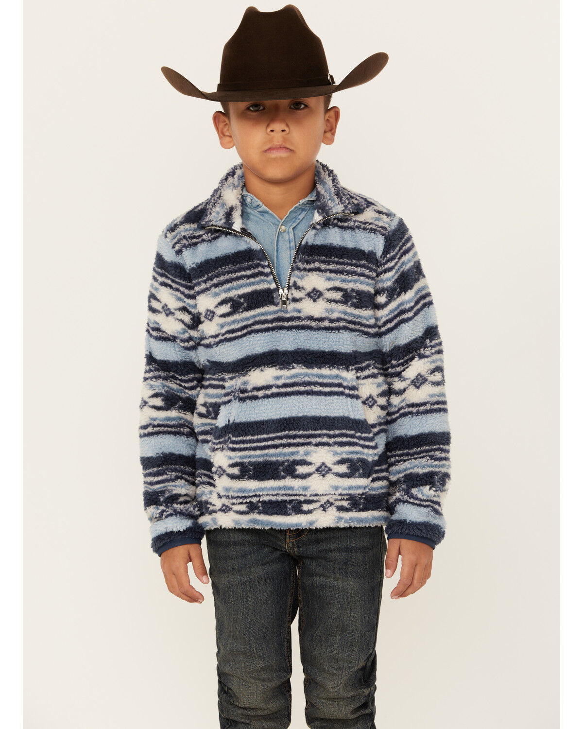 Image #1 - Rock & Roll Denim Boys' Southwestern Striped Fuzzy 1/4 Zip Pullover, Blue, hi-res