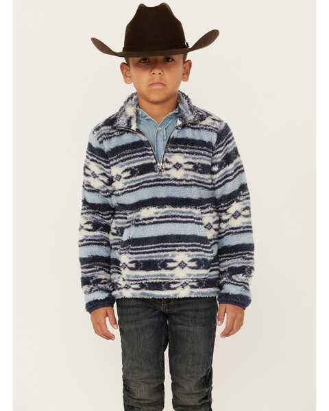Image #1 - Rock & Roll Denim Boys' Southwestern Striped Fuzzy 1/4 Zip Pullover , Blue, hi-res