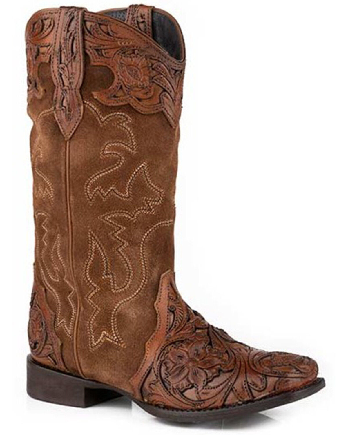 Image #1 - Roper Women's Clara Tooled Western Boots - Broad Square Toe, Brown, hi-res