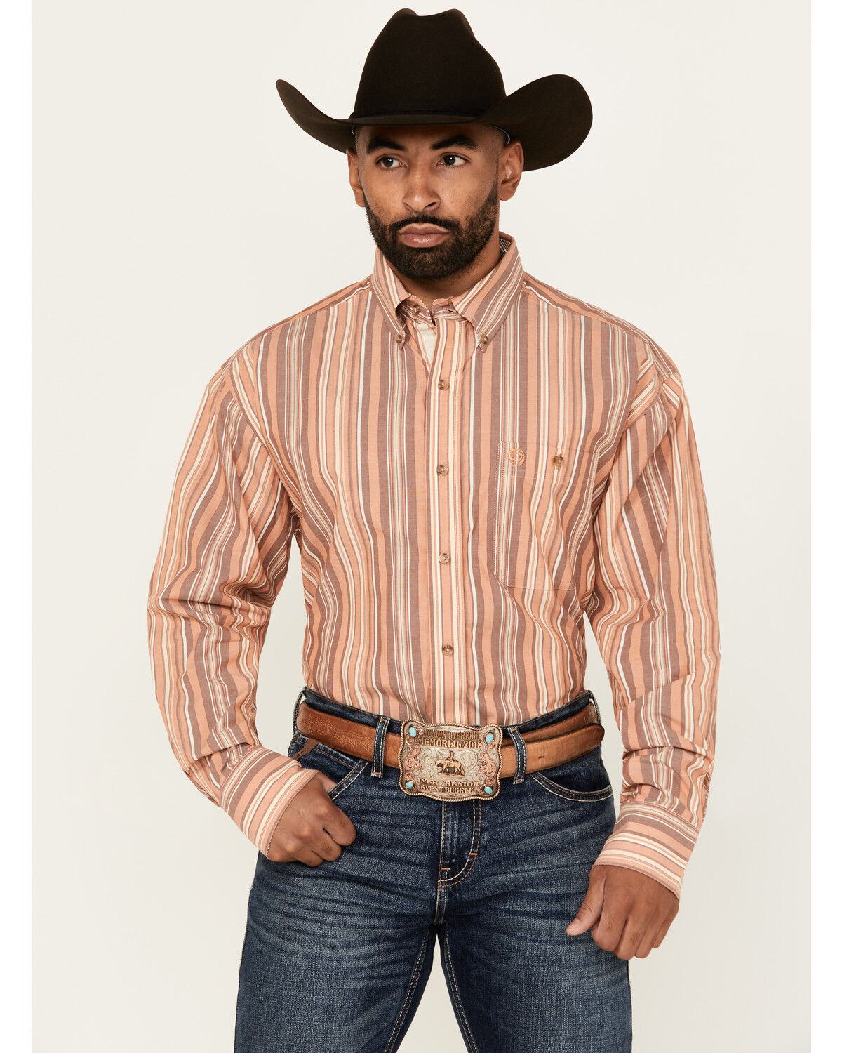 Image #1 - George Strait by Wrangler Men's Striped Long Sleeve Button-Down Stretch Western Shirt, Multi, hi-res