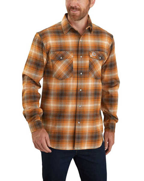 Carhartt Men's Rugged Flex Plaid Relaxed Long Sleeve Western Flannel Shirt - Tall, Orange, hi-res