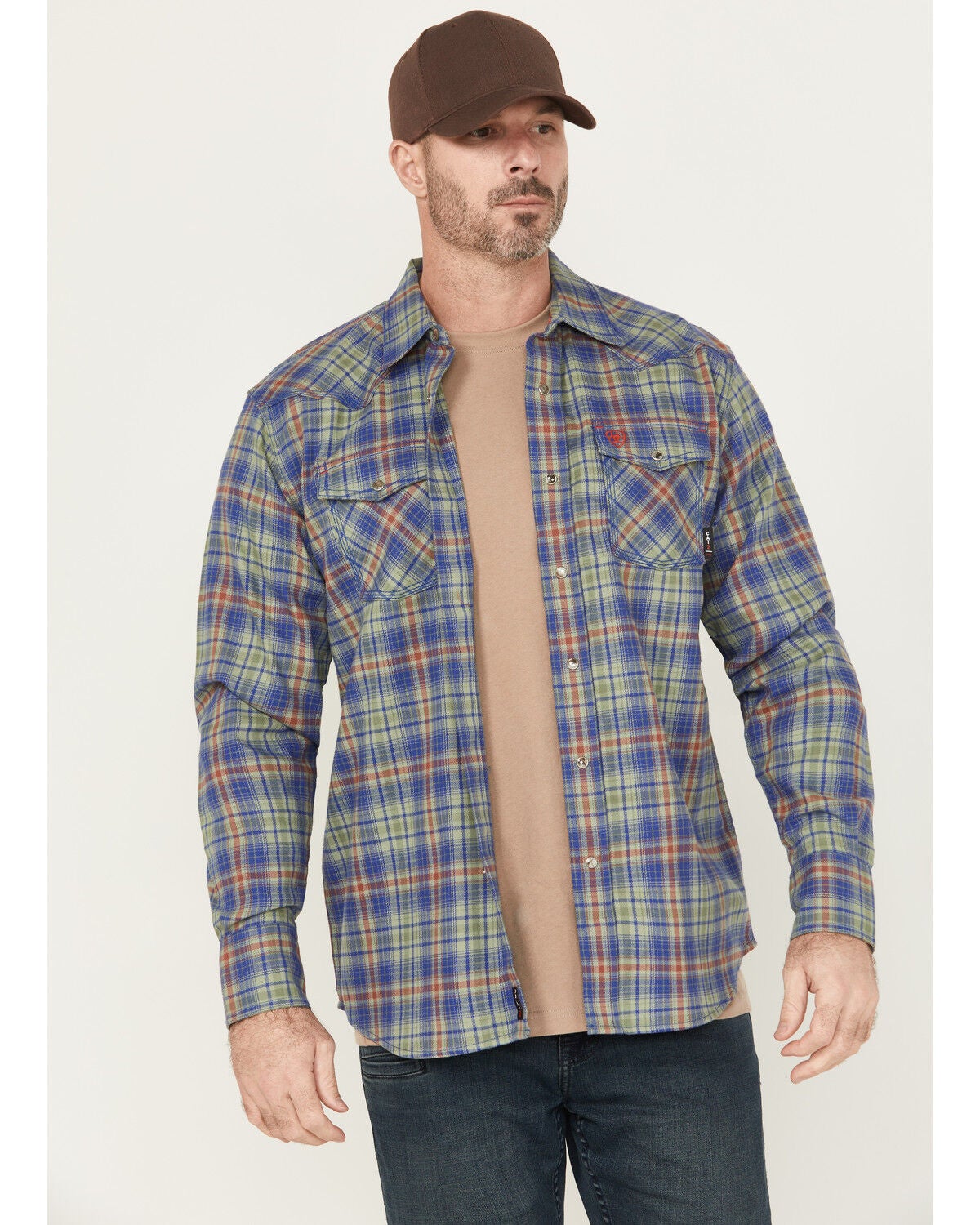 Ariat Men's FR Wilshire Plaid Print Long Sleeve Snap Work Shirt, Green, hi-res