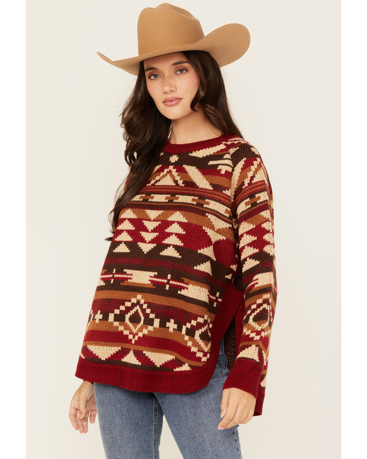 Image #2 - Cotton & Rye Women's Southwestern Print Button Sweater, Burgundy, hi-res