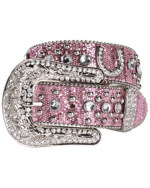 Image #1 - Nocona Belt Co. Girls' Glittery Horseshoe Concho Western Belt, Pink, hi-res