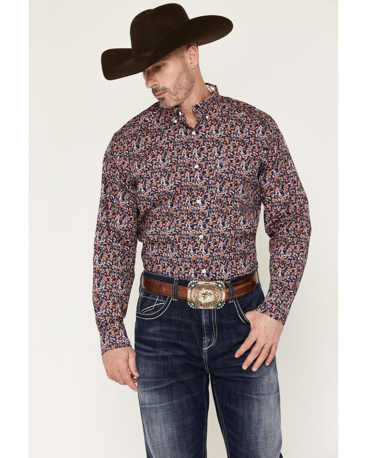 Ariat Men's Ward Floral Print Wrinkle Free Long Sleeve Button-Down Western Shirt, Purple, hi-res