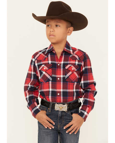 Image #1 - Ely Walker Boys' Plaid Print Brushed Flannel Long Sleeve Pearl Snap Western Shirt, Red, hi-res