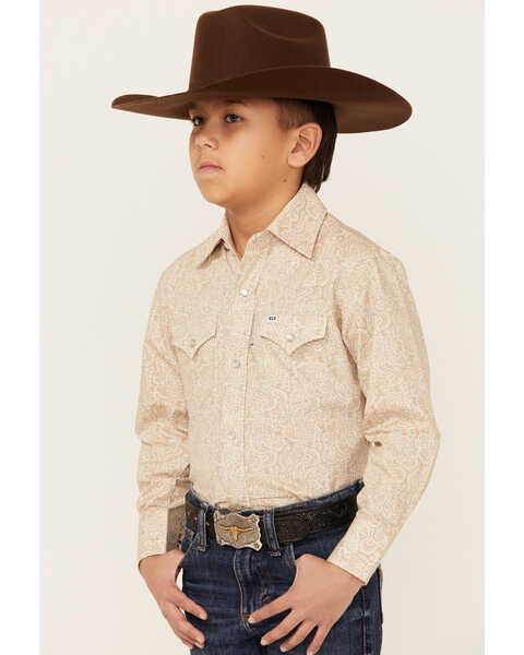 Image #2 - Ely Walker Boys' Paisley Print Long Sleeve Pearl Snap Western Shirt, Khaki, hi-res