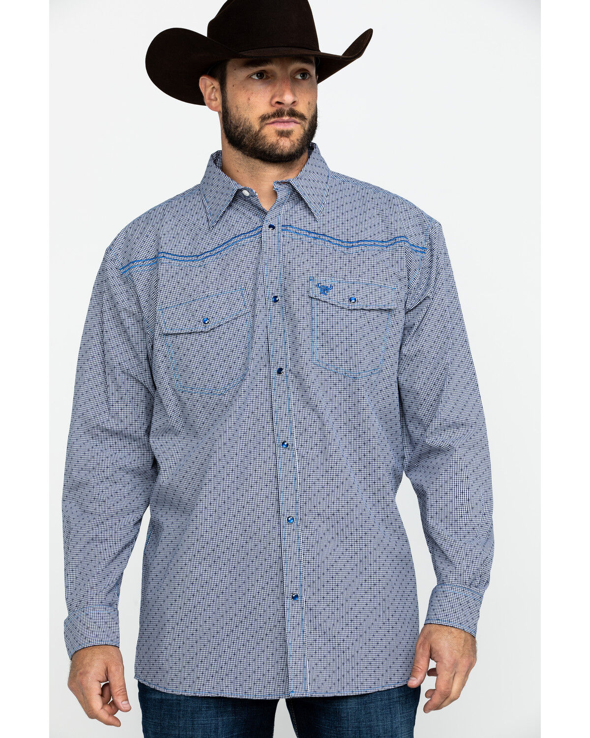 Image #5 - Cowboy Hardware Men's Dobby Print Long Sleeve Western Shirt, Navy, hi-res