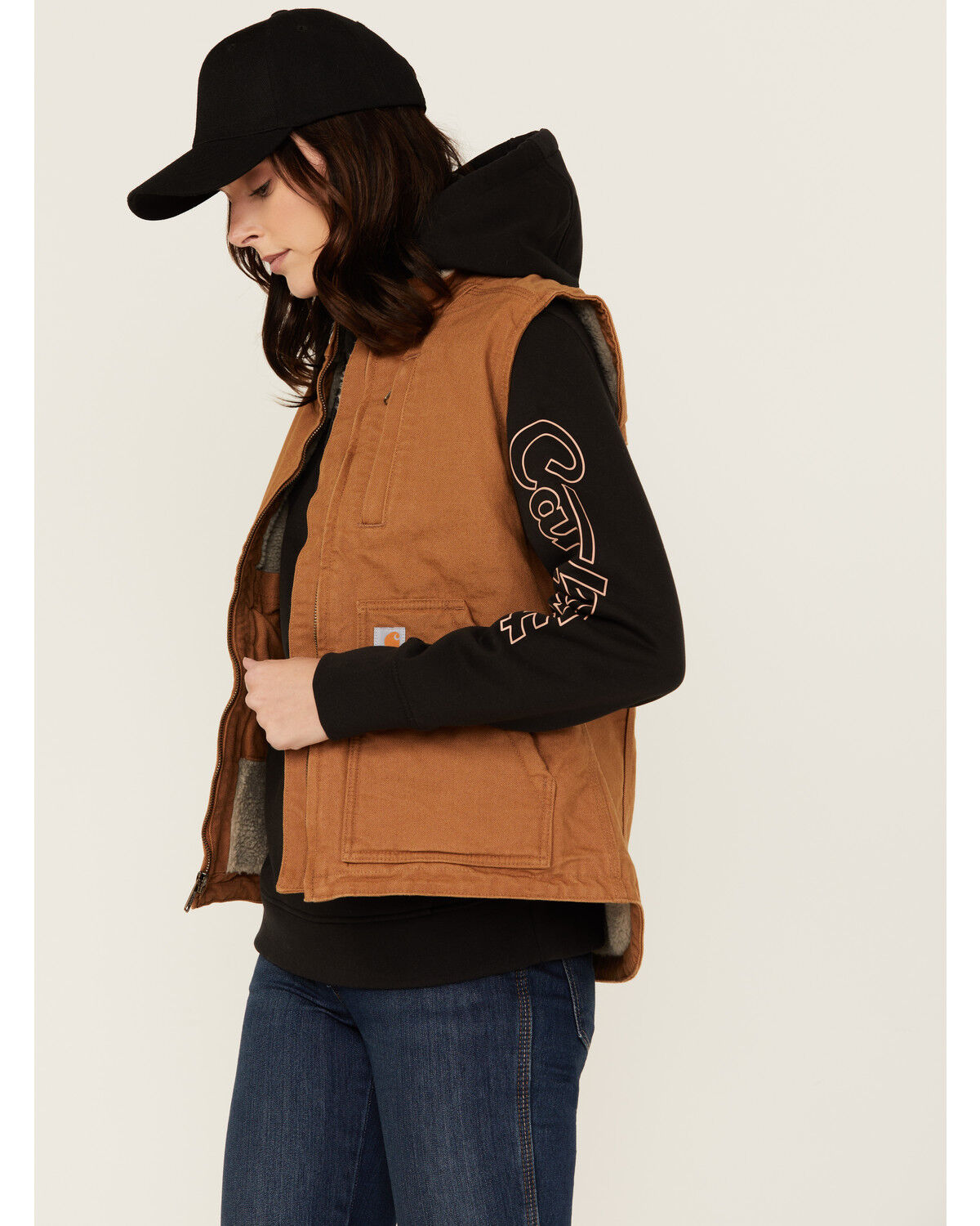 Image #2 - Carhartt Women's Washed Duck Sherpa Lined Vest, Brown, hi-res