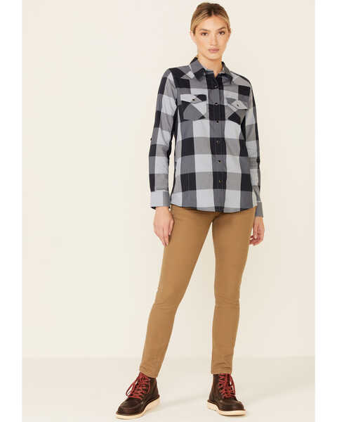 Wrangler ATG Women's All-Terrain Plaid Print Mix Material Long Sleeve Snap Western Core Shirt , Navy, hi-res