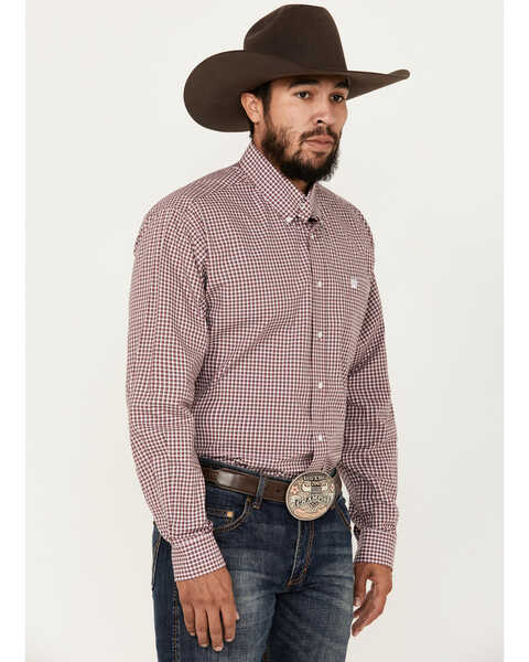 Image #1 - Cinch Men's Checkered Print Long Sleeve Button-Down Shirt, Burgundy, hi-res
