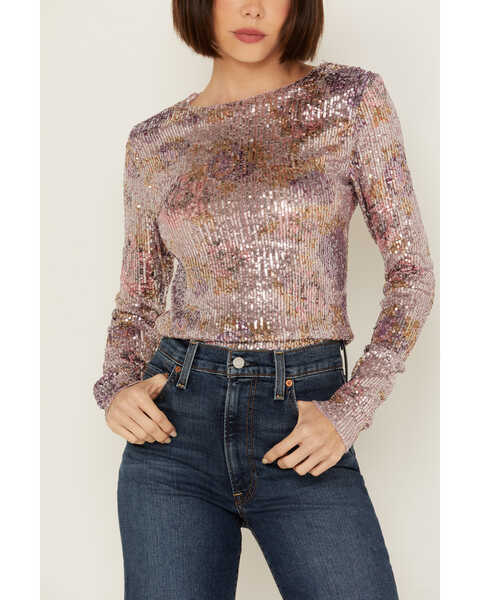 Image #3 - Free People Women's Gold Rush Printed Sequins Long Sleeve Top , Lavender, hi-res